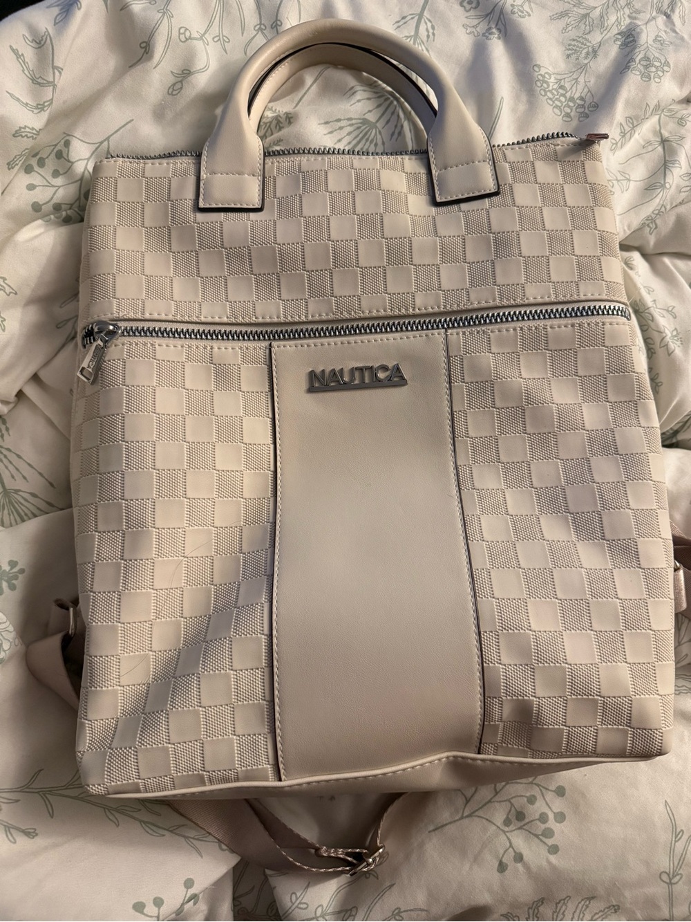 Nautica Cream Checkered Convertible Backpack Tote